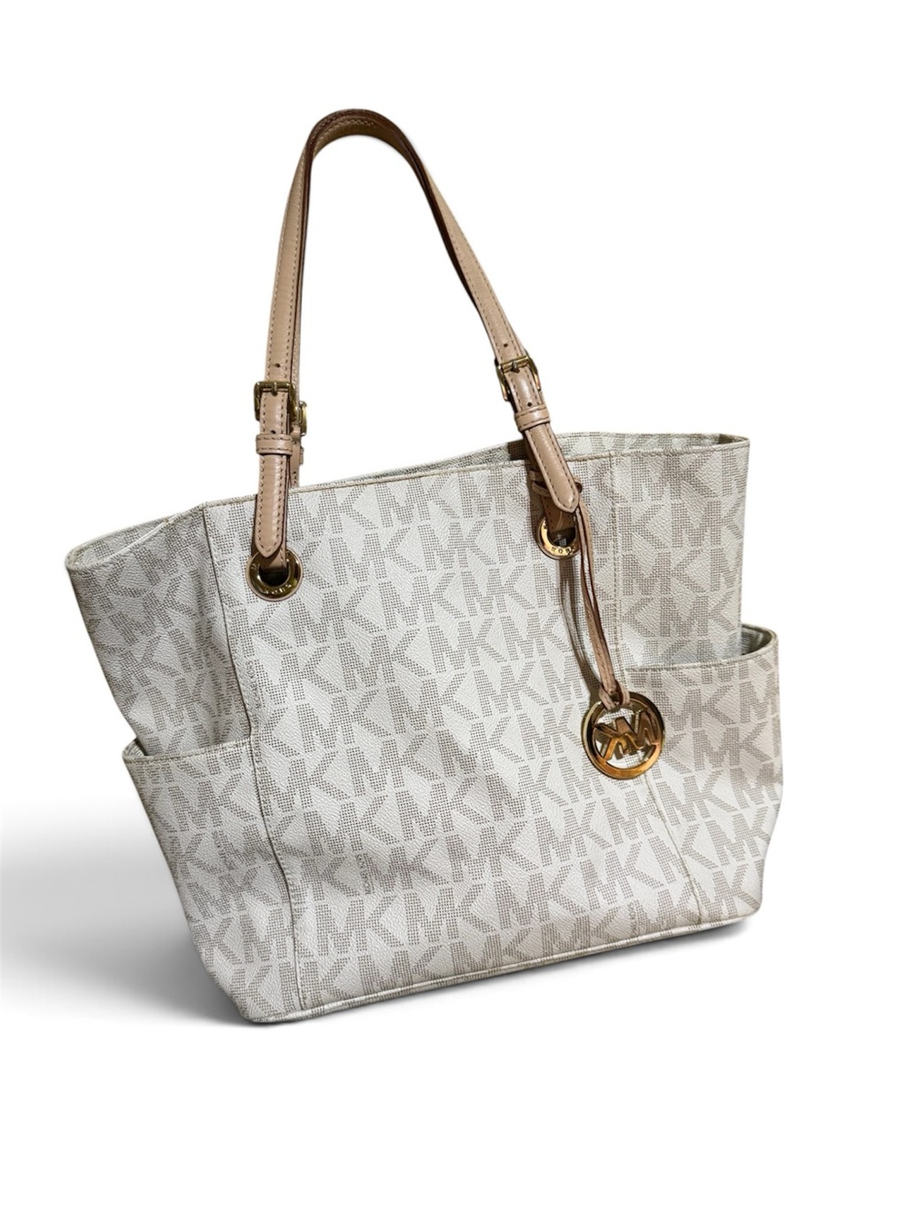 Authentic Michael Kors Cream MK Monogram Tote with Tan Leather Handles